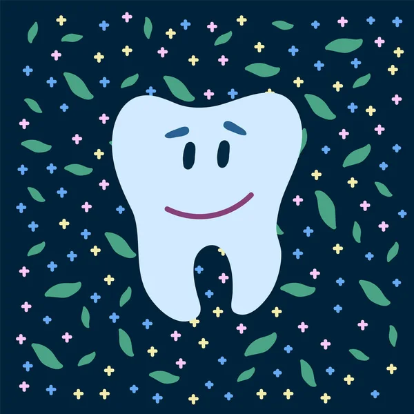 Fondo Cepillarse los dientes. Diente dibujado a mano en un círculo de hojas de menta. Los niños garabatean el concepto dental. — Vector de stock