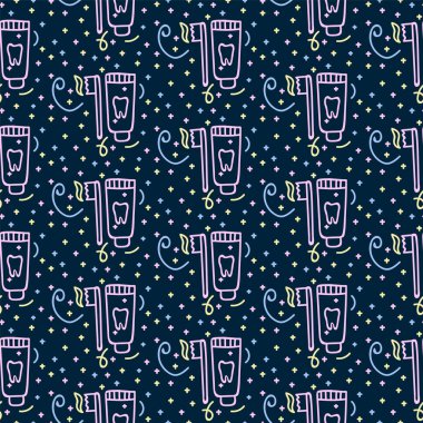 Diş temizleme ürünlerinin geçmişi. Elle çizilmiş bir karalama şekli. Diş fırçası, diş macunu, diş ipi ve diş fırçası olan dokuların ofisleri..