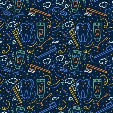 Diş fırçalama şekli. El yapımı çocuk dişçiliği. Diş fırçası, diş macunu, diş ipi, diş ipi..