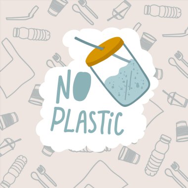 Plastiksiz poster hayatı. Şişeler ve değirmenler çemberinde naylon yok. Plastiksiz yaşam konsepti, geri dönüşüm, ileri yeşil, sıfır atık.