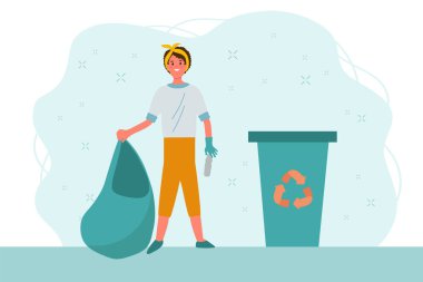 Geri dönüşümcü kız atık topluyor. Atık ayıklama, tasnif ve çöp toplama. Ekoloji, toprağı cam, metal, kağıt ve plastikten temizlemek. Atık geri dönüşümü düz şekilde çizilmiş. Vektör illüstrasyonu