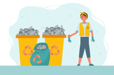 Çöpçüler. Atık geri dönüşümü, tasnif ve çöp toplama. Ekoloji, toprağı cam, metal, kağıt ve plastikten temizlemek. Atık geri dönüşümü. Vektör illüstrasyonu