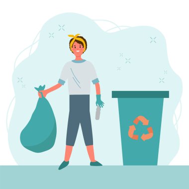 İnsanlar plastik atıkları sınıflandırır. Çevresel karakterler israfı sınıflandırır. Çevre dostu çantası ve yeniden kullanılabilir kasesi olan bir kız. Vektör illüstrasyonu