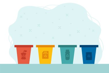 Atık tanklarının tasviri. Komik çöp kutuları, çöp konteynerleri ya da kovalar. Plastik, metal, kağıt, yiyecek atıkları. Ekoloji, plastiksiz arazi. Vektör illüstrasyonu