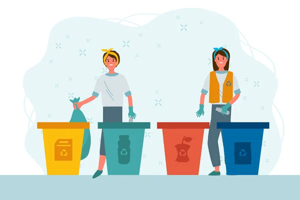 Çöp tenekelerine çöp koyan komik insanlar. Çöpleri çöp konteynırlarına ya da varillere ayırmak. Çöp toplama, sıralama ve geri dönüşüm yapan bir grup mutlu kadın. Plastiksiz ve çöpsüz düz çizgi film hayatı. Vektör illüstrasyonu
