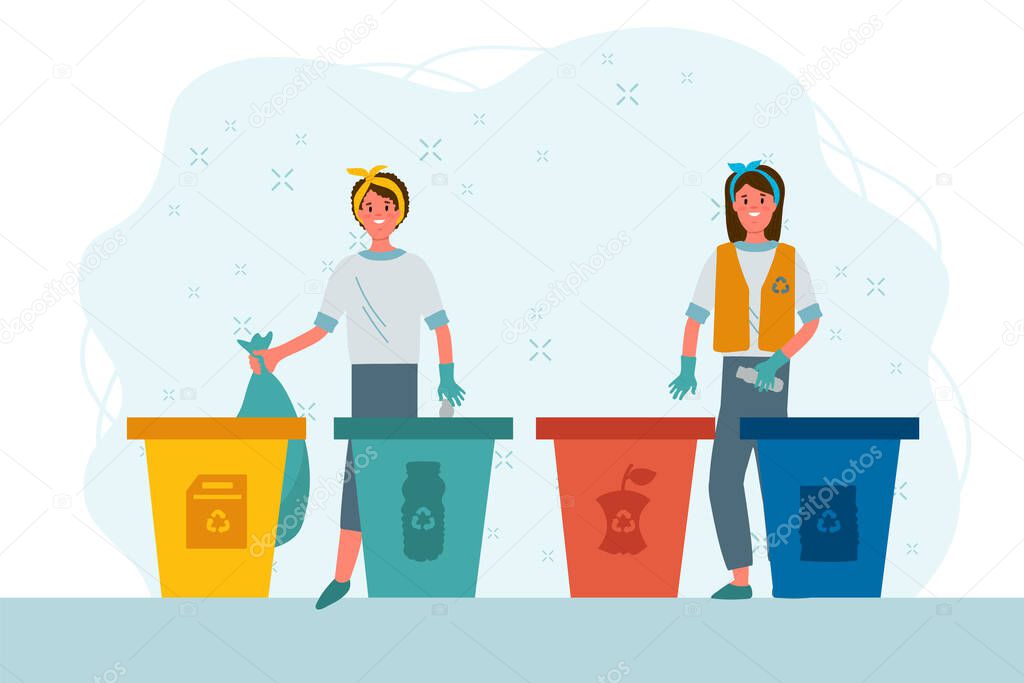Funny people putting garbage in trash cans. Sorting garbage into dumpsters or barrels. A set of happy women practicing garbage collection, sorting, and recycling. Flat cartoon life without plastic and garbage. Vector illustration