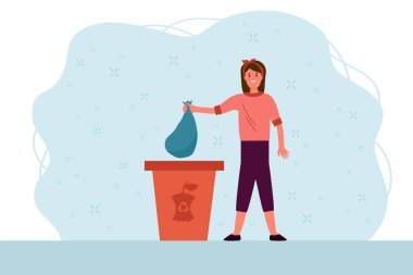 Çöp toplama, sıralama ve geri dönüşüm pratiği yapan bir kadın. Atık tankları olan bir adamın tasviri. Plastik, metal, kağıt, yiyecek atıkları. Birisi çöpleri çöp kutularına ve ekolojik poşetlere koyar. Vektör illüstrasyonu