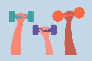 Dambılı kadın elleri. Spor konsepti, spor, spor salonu hayatı. Düz bir dizaynda vektör illüstrasyonu. Vektör illüstrasyonu