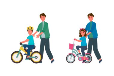 Çocuklara bisiklet sürmeyi öğreten babaların çizimleri. Bisiklet süren kızlar ve oğlanlarla resim yapmak. Bisiklet sürmeyi öğrenen bir ebeveynin posteri. Vektör illüstrasyonu