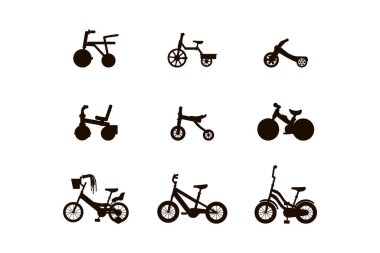 Bir grup siyah çocuk bisikleti seti. Beyaz arka planda iki tekerlekli ve üç tekerlekli bisikletler. Çocuk vektör bisiklet simgesi.