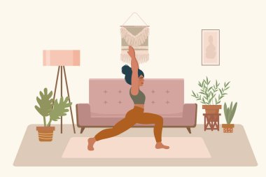 Yogacı kız evde. Boha apartmanı yoga için idealdir. Düz bir şekilde vektör klipsleme sanatı. Evde yoga, meditasyon süreci. Vektör illüstrasyonu
