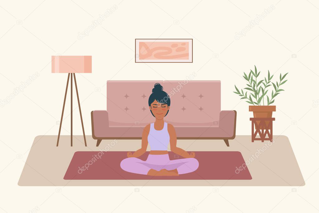 A woman does yoga at home. Vector clip art in a flat style. Home yoga, the process of meditation. A conceptual illustration for a healthy lifestyle. Vector illustration