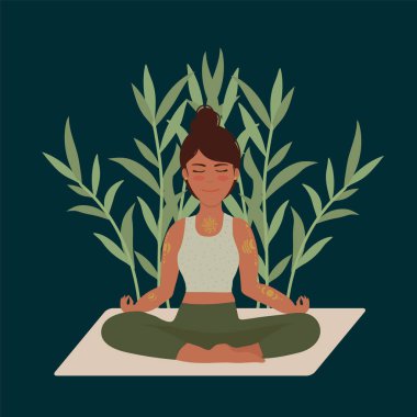 Yoga yapan bir kızın resmi. Rahatlama, meditasyon, kendini ve vücudunu sevme kavramı. Kartpostal için rahatlama pozu veren biri. Meditasyon Yoga 'nın düz stil posterinde vektör klipsi sanatı. Vektör illüstrasyonu