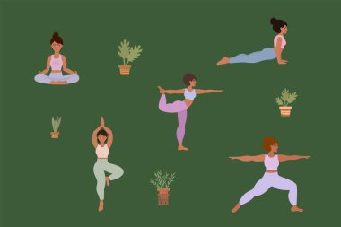 Doğada yoga. Kızlar farklı pozlarda yoga yapar. Meditasyon, rahatlama, dinlenme ve spor sürecinin posteri. Düz bir şekilde vektör klipsleme sanatı. Vektör illüstrasyonu