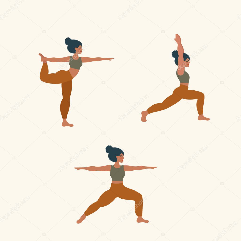 A set of people doing Yoga. Characters of Women in Yoga poses. The concept of relaxation, meditation, love for yourself and the body. Vector clip art in a flat style. Vector illustration