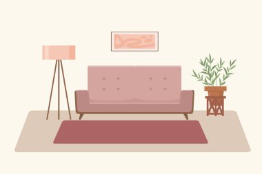 Oturma odasında vektör mobilyalar var. Kanepe ile sıcak bir iç mekan. Bir lamba ve saksı çiçeği. Yumuşak pembe ve bej tonlarda vektör çizimi. Vektör illüstrasyonu