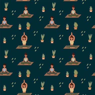 Yoga kalıbı karanlık bir arkaplan değil. Kızlar Pilates Yogası yapar. Yeşillik çemberinin içinde meditasyon. Farklı pozlarda insanların olduğu tekstil modelleri. Vektör illüstrasyonu