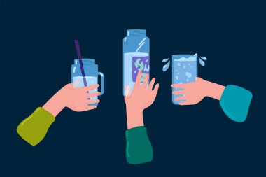 Su kabı olan eller. Plastik şişe, cam bardak ve su şişesi tutan kişi kavramı. Düz stil illüstrasyonların vektör kümesi. Vektör illüstrasyonu