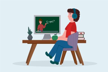 Çevrimiçi eğitim için biri. Evinden bilgisayar masası olan bir gencin el çizimi eğitimi. Çevrimiçi Webinar için Banner, üniversite öğrencileri, dijital sınav için. Vektör illüstrasyonu