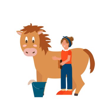 İnsanlı çiftlik hayvanlarının vektör çizimi. Çiftçi, çiftlik hayvanı yetiştiren bir işçidir. Bir ata bakmak ve yetiştirmek. Bir vektörle çizilmiş tarım arazilerindeki hayvanlar. Vektör illüstrasyonu