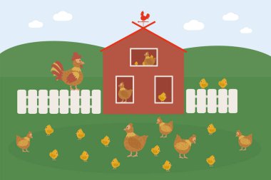 Vector illustration of farm animals with landscape. Man farm in cartoon style. Working farmers tend and feed their livestock. Vector illustration