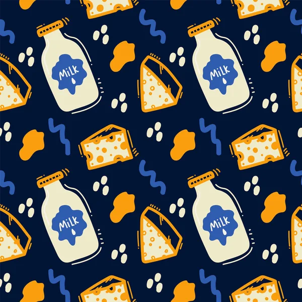 Das Muster kitschiger Milchprodukte. Käse, Maasdam, Quark, Frischkäse, Textilmilch. Doodle-Stil Hintergrund mit Punkten und Produkten. — Stockvektor