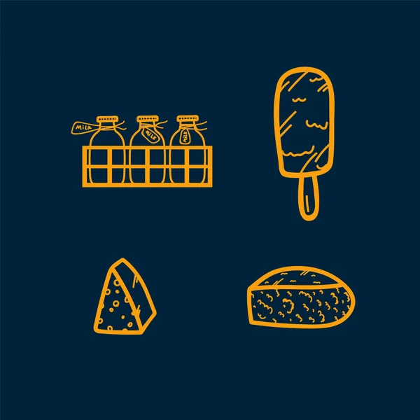 Um conjunto de ícones com queijos e produtos lácteos. Ilustrações de rabiscos desenhadas à mão. Desenhos lineares de produtos lácteos. Fatias de queijo, Maasdam, Sorvete, Leite em vetor. — Vetor de Stock