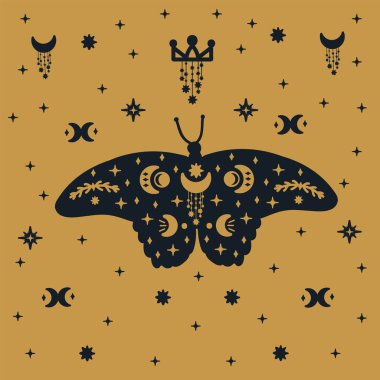 Siyah kelebek vektöründeki yansıma. Üzerinde ay ve yıldızlar olan altın bir arka planda güve karakteri olan bir kartpostal ya da kart. Karalamalarda kanatlı, gizemli, koyu renkli kelebekler havada süzülüyordu. Vektör illüstrasyonu