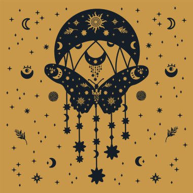 Kartpostal güveleri. Üzerinde ay ve yıldızlar olan altın arkaplanlı bir güve kartpostalı. Karalamalarda kanatlı, mistik, karanlık, yükselen kelebekler resmedilmiş. Vektör illüstrasyonu