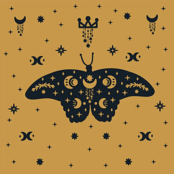 ベクトル黒蝶のイラスト 月面や星のある金の背景に蛾のキャラクターを持つポストカードやカード 翼のある神秘的で暗い色の蝶が空中に浮かんでいるのが描かれています ベクターイラスト — ストックベクタ