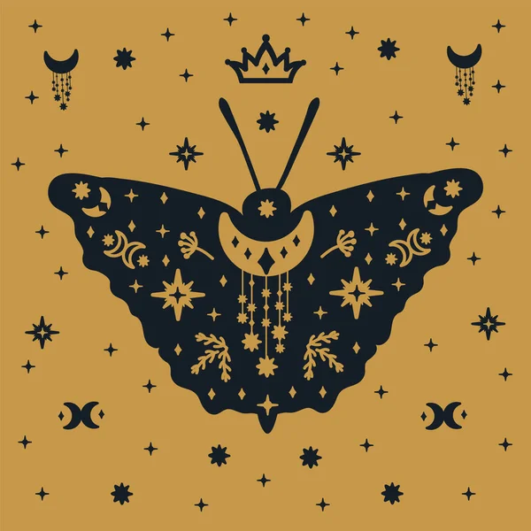 蝶の絵葉書 月と星が描かれた金色の背景に蛾のキャラクターが描かれたポスター 翼のある神秘的で暗い色の蝶が空中に浮かんでいるのが描かれています ベクターイラスト — ストックベクタ