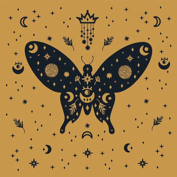 郵便はがきの母 月と星との金の背景に蛾のはがき 翼のある 神秘的で暗い 高くそびえる蝶を描いた頭蓋骨 ベクターイラスト — ストックベクタ