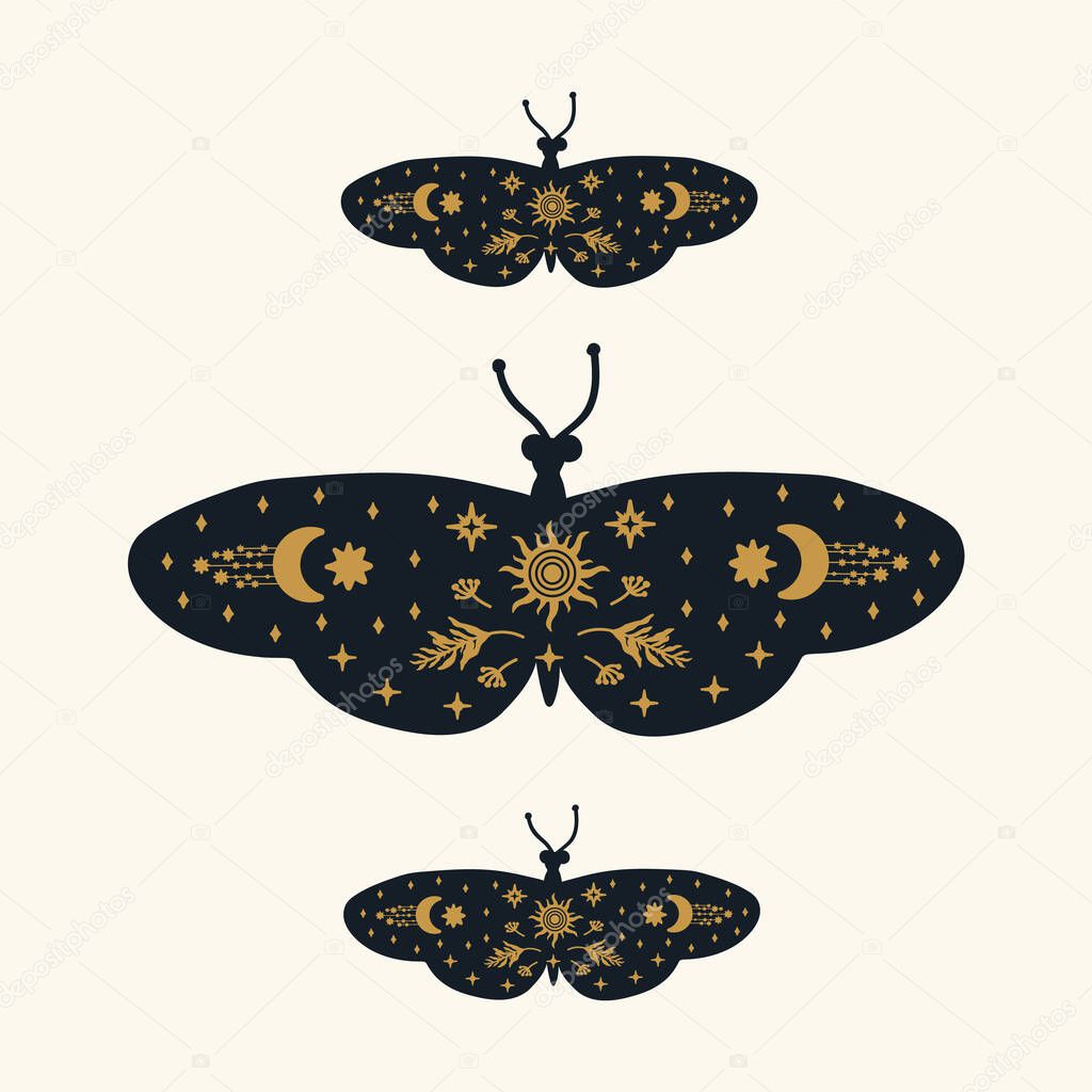 Postcard Moths. Postcard of a moth on a gold background with the moon and stars. The scrawl depicted winged, mystical, dark, soaring butterflies. Vector illustration