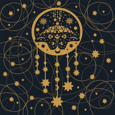 Kartpostal güveleri. Üzerinde ay ve yıldızlar olan altın arkaplanlı bir güve kartpostalı. Karalamalarda kanatlı, mistik, karanlık, yükselen kelebekler resmedilmiş. Vektör illüstrasyonu
