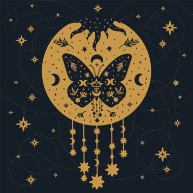 Kartpostal güveleri. Üzerinde ay ve yıldızlar olan altın arkaplanlı bir güve kartpostalı. Karalamalarda kanatlı, mistik, karanlık, yükselen kelebekler resmedilmiş. Vektör illüstrasyonu
