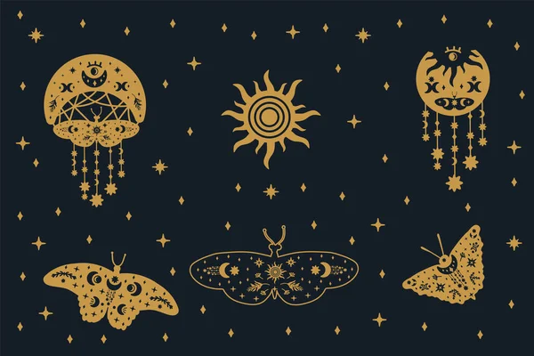 郵便はがきの母 月と星との金の背景に蛾のはがき 翼のある 神秘的で暗い 高くそびえる蝶を描いた頭蓋骨 ベクターイラスト — ストックベクタ