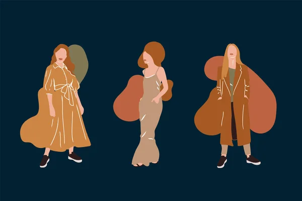 カラーでファッショナブルな女性のシルエットのコレクション 夏服の女の子の抽象的なイラスト ベクトル国際女性デーに描かれています ベクターイラスト — ストックベクタ