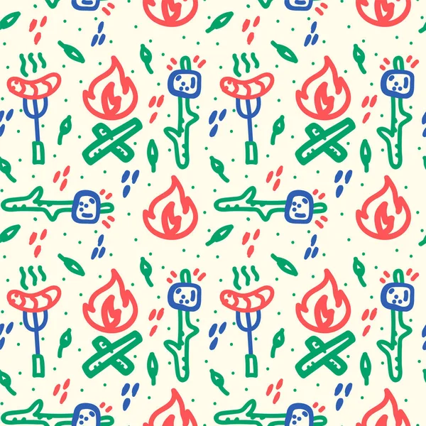 Pozadí letního tábora s ohněm. Kempování vzor pro cestovní textil. Ručně kreslené ilustrace venkovní rekreace ve stylu Doodle. — Stockový vektor