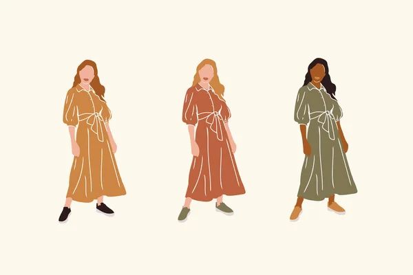 異なる人種の女性のコレクション 夏服の女の子の文字は異なる肌の色です ベクトル国際女性デーに描かれています ベクターイラスト — ストックベクタ