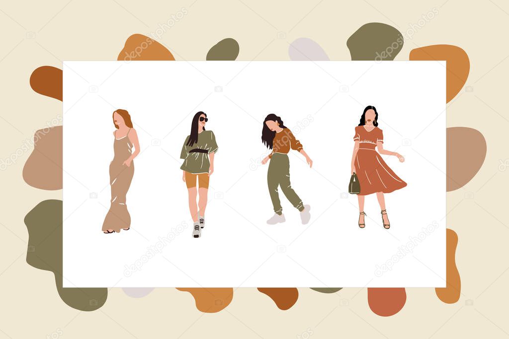 A collection of women for the poster. Abstract illustrations of dots for the background. Characters of girls in summer clothes. Drawn in the vector International Women's Day. Vector illustration