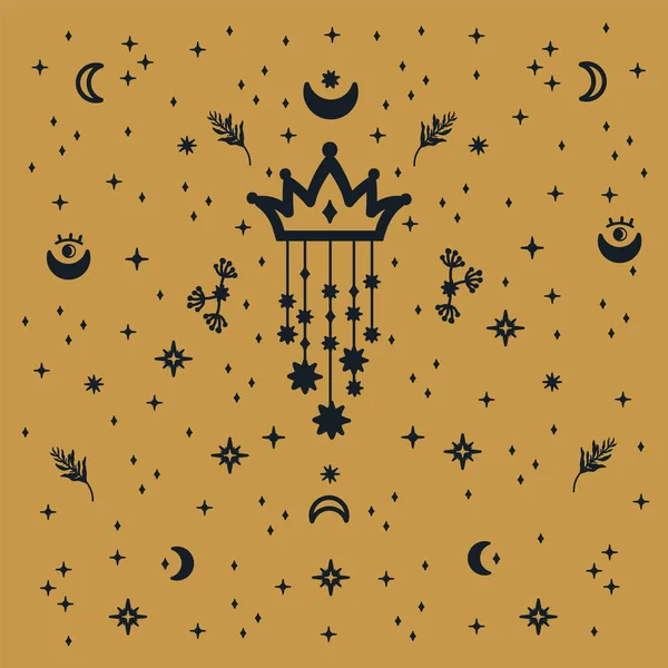 金のスクリブルと美しい王冠 金の背景に星のついた黒い冠を持つポスター 星のパターン マジックグリーティングカードバナー ベクターイラスト — ストックベクタ