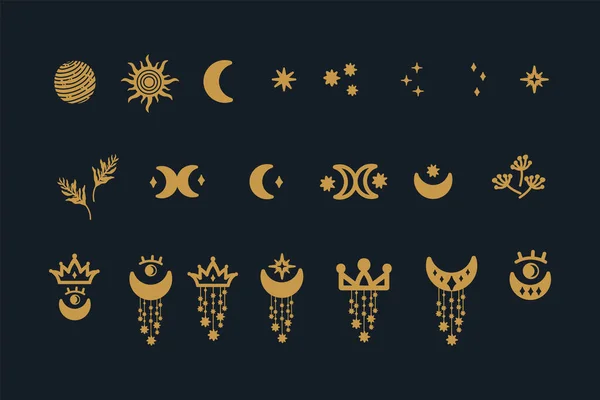 美しい星の冠とシンボルのセット 星のついた冠の金の小石のポスター 星や惑星のシンボル ベクターイラスト — ストックベクタ