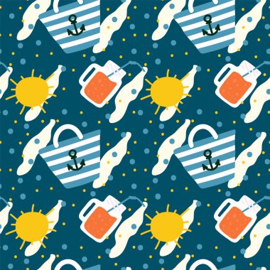 Mavi üzerine yaz geçmişi. Kumsalda dinlenmek için plaj çantalı çizgi film desenleri. Arka planın dokusu tekstil için bir karalama. Vektör illüstrasyonu