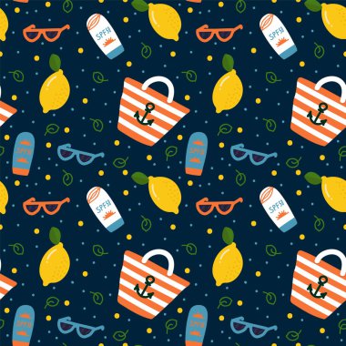 Vector Summer 'ın karanlık geçmişi. Güneş gözlüklü çocuk deseni, plaj çantası rahatlamak için her şey. Sahilde tekstil için karalama tarzında bir haftasonu dokusu. Vektör illüstrasyonu