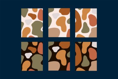 Büyük bir set altın noktalı kart. Soyut Vektör Koleksiyonu, modaya uygun güzel arka planlar. Kalıbı sarı-altın, kahverengi leke. Vektör illüstrasyonu