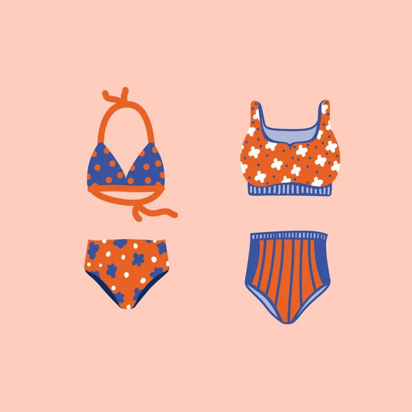 Summer womens swimsuit. Hand-drawn set of color vector beach clothes. Illustration of accessories for a summer pool party. Beautiful lingerie for leisure postcard. — Stock Vector