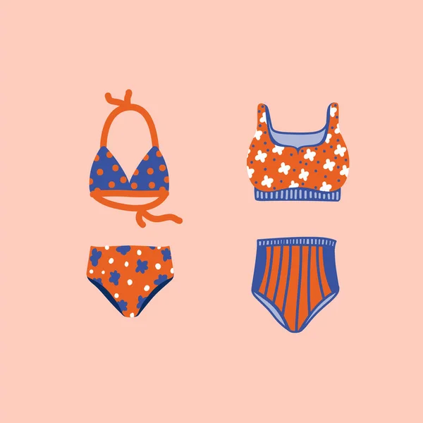 Maillot de bain femme été. Ensemble de vêtements de plage vectoriels de couleur dessinés à la main. Illustration d'accessoires pour une fête de piscine d'été. Belle lingerie pour carte postale de loisirs. — Image vectorielle