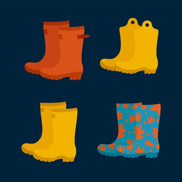 Set of autumn boots. Comfortable shoes for autumn painted in doodle style. Clothes for walking in autumn. — Stock Vector