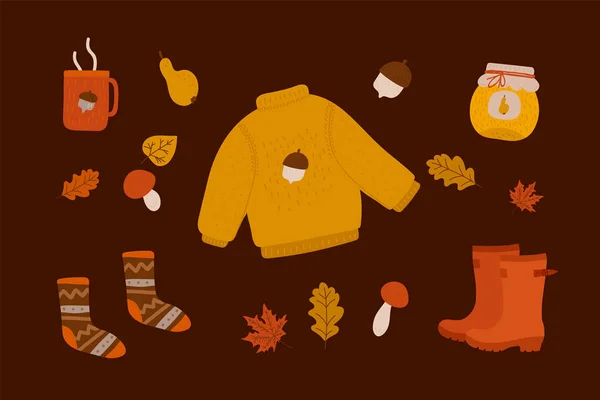 A set of autumn illustrations. Cozy sweater, leaves, socks, boots, cup, pear, mushrooms, acorns, jam. Vector collection of autumn elements. Doodle postcard autumn for the harvest. — 图库矢量图片
