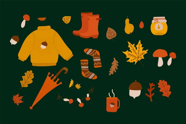 A large autumn set for harvesting. Illustrations of Cozy sweater, leaves, socks, boots, cup, pear, mushrooms, acorns, umbrella, jam. Vector Autumn Doodle greeting card. — 图库矢量图片